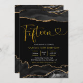 Eleganter Schwarz und Gold Agate Fünfzehn Geburtst Einladung (Vorne/Hinten)