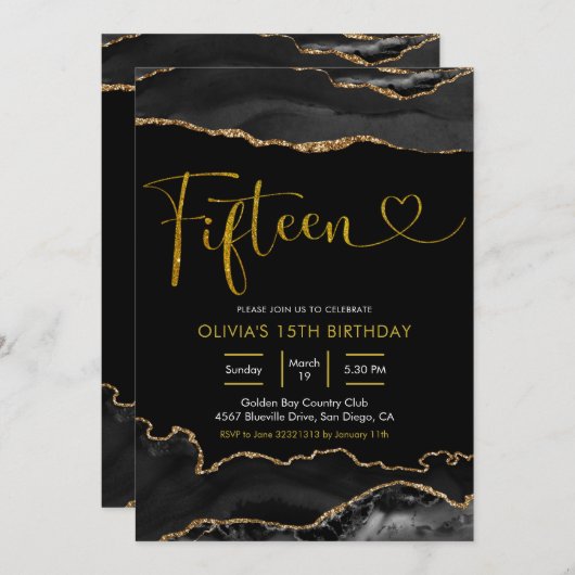 Eleganter Schwarz und Gold Agate Fünfzehn Geburtst Einladung (Vorne/Hinten)