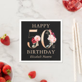 Eleganter Schwarz und Gold Floral Happy 50. Geburt Serviette (Beispiel)