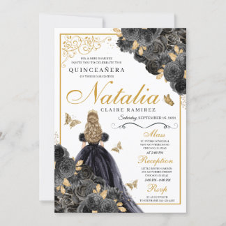 Eleganter Schwarz und Gold Floral Quinceanera Gebu Einladung