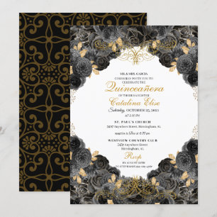 Eleganter Schwarz und Gold Floral Quinceanera Gebu Einladung