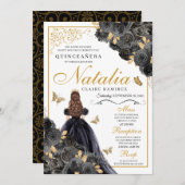 Eleganter Schwarz und Gold Floral Quinceanera Gebu Einladung (Vorne/Hinten)