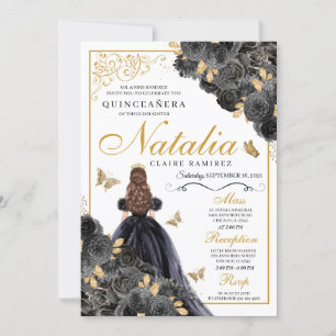 Eleganter Schwarz und Gold Floral Quinceanera Gebu Einladung