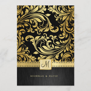 Eleganter Schwarz-und Goldblumendamast Einladung