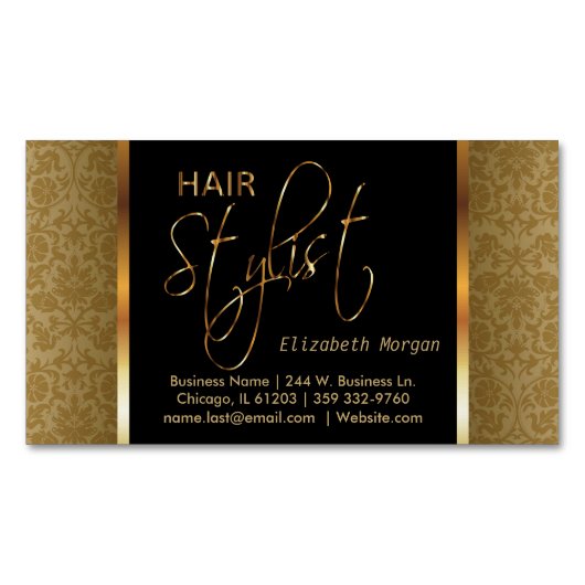 Eleganter Schwarz-und Golddamast-Haar-Stylist Magnetische Visitenkarte (Vorderseite)