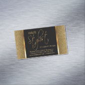 Eleganter Schwarz-und Golddamast-Haar-Stylist Magnetische Visitenkarte (Beispiel)