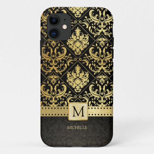 Eleganter Schwarz-und Golddamast mit Monogramm Case-Mate iPhone Hülle (Rückseite)