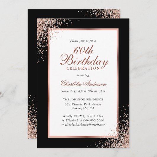 Eleganter Schwarz und Rose Gold Confetti 60. Gebur Einladung (Vorne/Hinten)