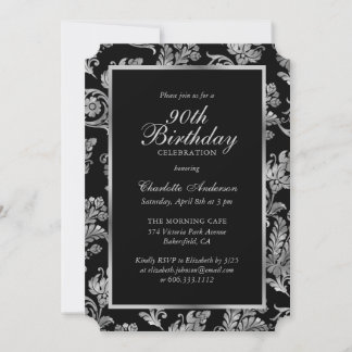 Eleganter Schwarz und Silber Vintag 90. Geburtstag Einladung