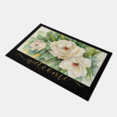 Eleganter Schwarz und Tan Magnolia Flora Willkomme Fußmatte (Schrägansicht)