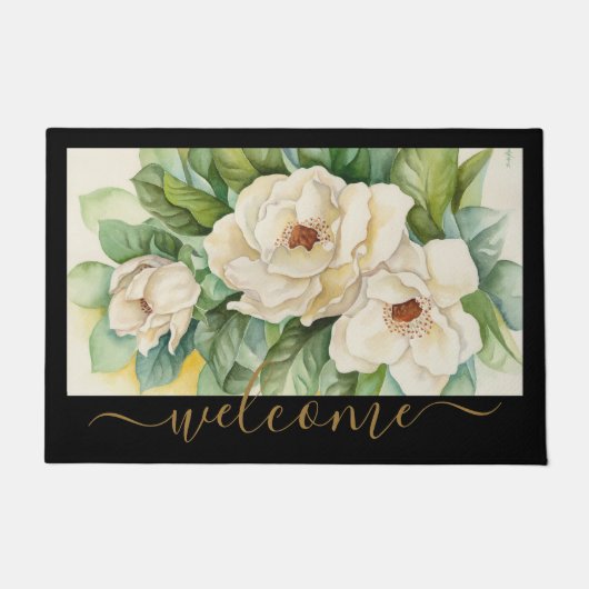 Eleganter Schwarz und Tan Magnolia Flora Willkomme Fußmatte (Vorderseite)