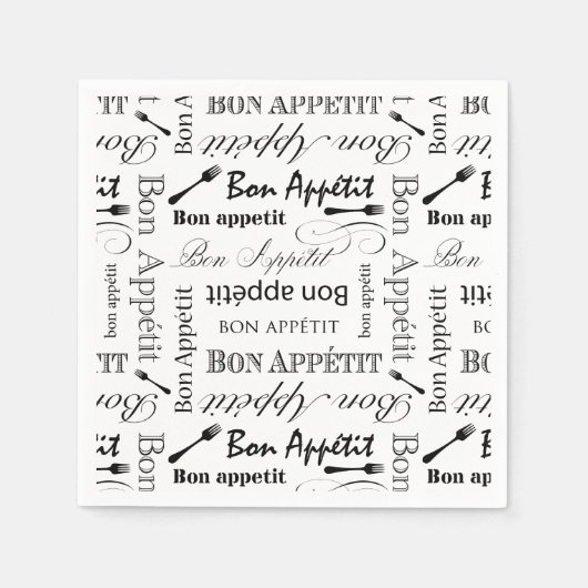 Eleganter Schwarz-Weiß-Bön Appetit Französischer K Serviette (Vorderseite)