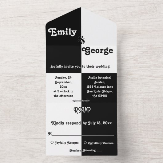 Eleganter Schwarz-Weiß-Chic Moderne einfache Hochz All In One Einladung (Innen Boden)