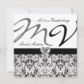 Eleganter Schwarz-Weiß-Damask 16 . Geburtstag Einladung