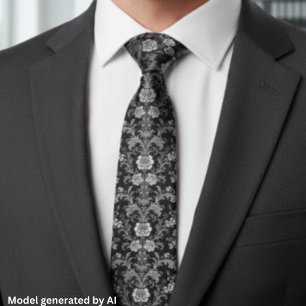 Eleganter Schwarz-Weiß-Damask - Vintage Barock Krawatte