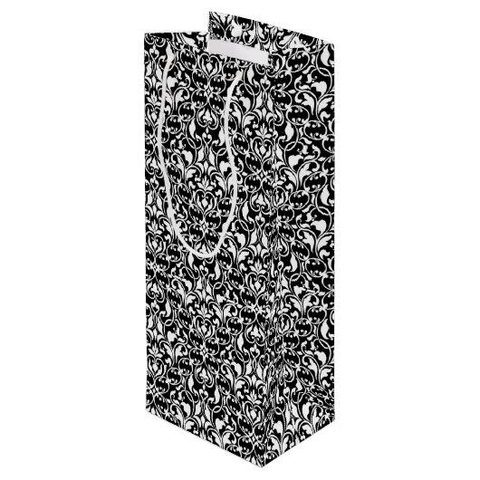 Eleganter Schwarz-Weiß-Damast Geschenktüte Für Weinflaschen (Rückseite Schrägansicht)