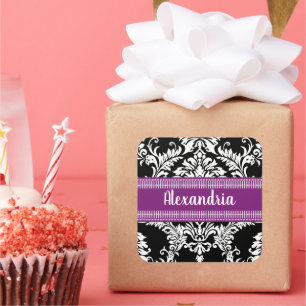 Eleganter Schwarz-Weiß-Damast mit Lila Akzenten Quadratischer Aufkleber