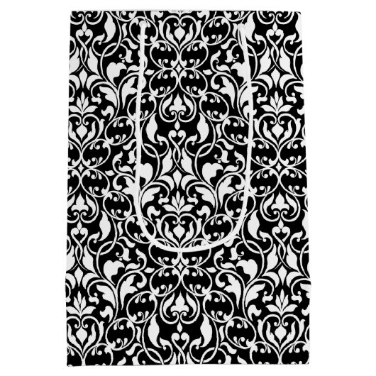 Eleganter Schwarz-Weiß-Damast Mittlere Geschenktüte (Rückseite)