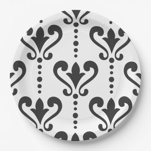 Eleganter Schwarz-Weiß-Damast Pappteller (Vorderseite)