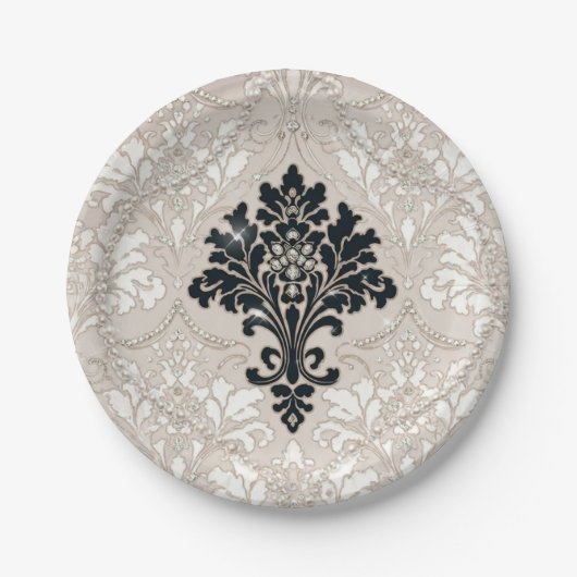 Eleganter Schwarz Weiß Damast Perlen Papier Teller (Vorderseite)