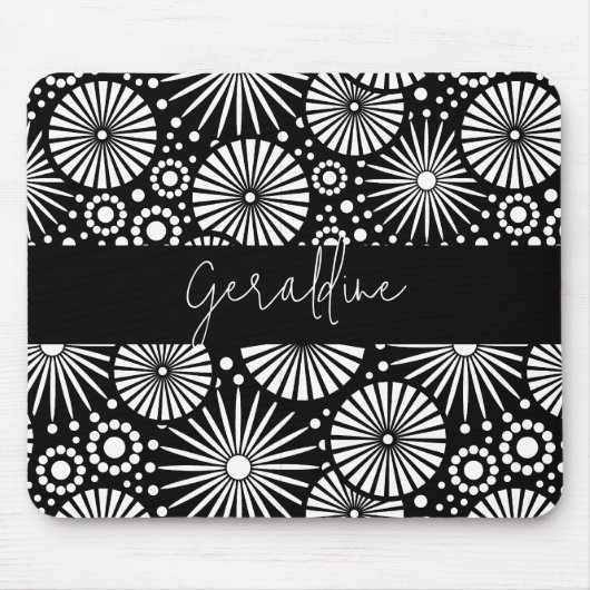 Eleganter Schwarz-Weiß-Geometrischer Sternenexplos Mousepad (Vorne)