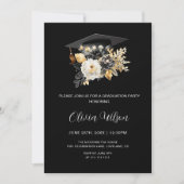 Eleganter Schwarz-weiß Gold Blume Foto Abschluss Einladung (Vorderseite)