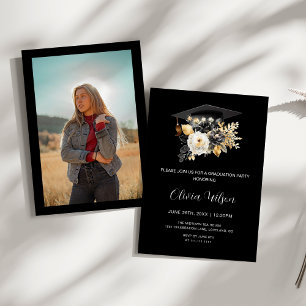 Eleganter Schwarz-weiß Gold Blume Foto Abschluss Einladung