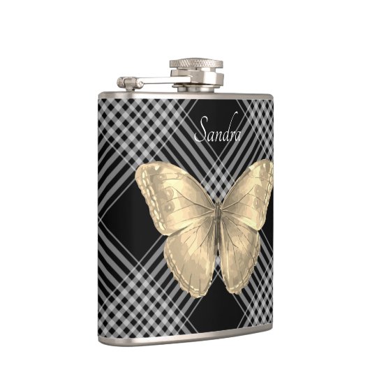 Eleganter Schwarz-Weiß-Goldener Schmetterling Flachmann (Rechts)