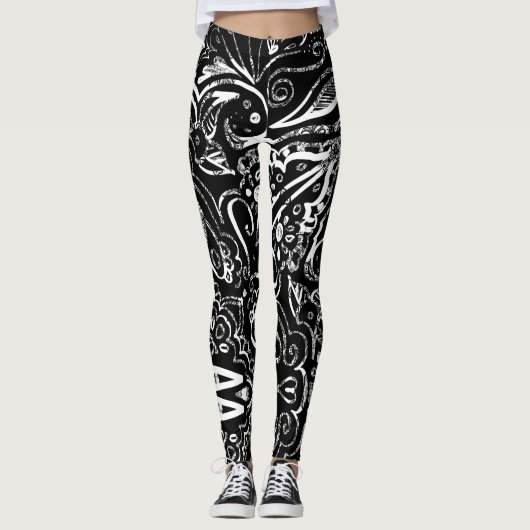 Eleganter Schwarz-Weiß-Mandala-Designwurf-Stützpfe Leggings (Vorderseite)