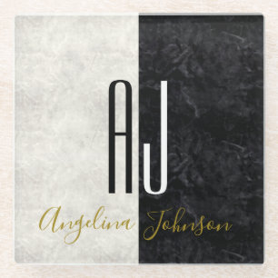 Eleganter Schwarz-Weiß-Marmor Mit Monogramm Glasuntersetzer