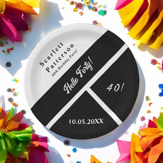 Eleganter Schwarz-Weiß Moderner Chic 40. Geburtsta Pappteller