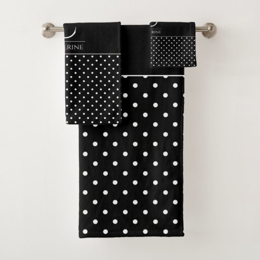 Eleganter Schwarz-Weiß-Polka-Dot Mit Monogramm Badhandtuch Set (Insitu)