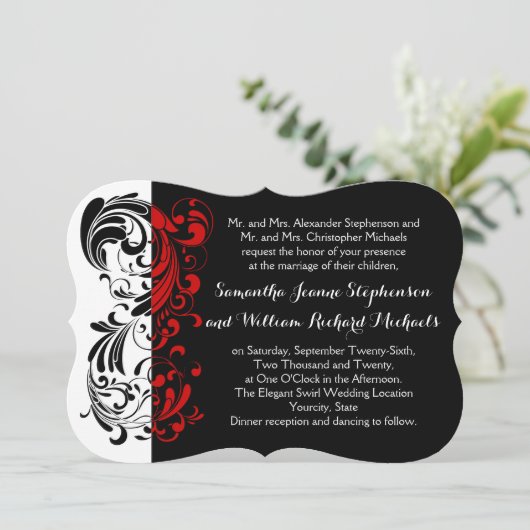 Eleganter Schwarz/Weiß/Roter Swirl Einladung (Stehend Vorderseite)