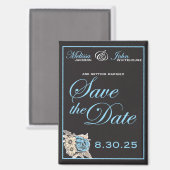 Eleganter Schwarz-Weiß-Save the Date-Blau-Akzent Magnet (Vorderseite/Rückseite)