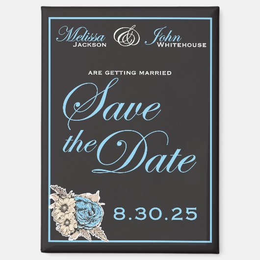 Eleganter Schwarz-Weiß-Save the Date-Blau-Akzent Magnet (Vorderseite)