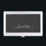 Eleganter Schwarz-Weiß-Script-Name Personalisiert  Visitenkarten Dose<br><div class="desc">Eleganter Personalisierter Geschäftskartenfall mit schwarzen und weißen Skriptnamen</div>