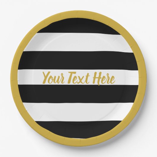 Eleganter Schwarz-Weiß-Streifen Gold-Script-Text Pappteller (Vorderseite)
