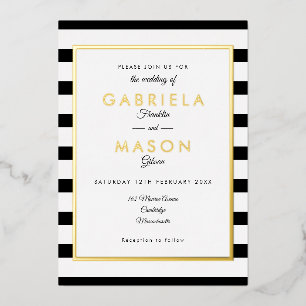 Eleganter Schwarz-Weiß-Streifen Hochzeitsgold  Folieneinladung