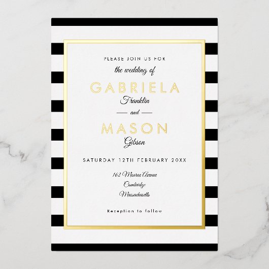 Eleganter Schwarz-Weiß-Streifen Hochzeitsgold Folieneinladung (Vorderseite)