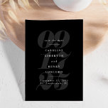 Eleganter Schwarz-Weiß-Trend Save the Date fett<br><div class="desc">Dieses Foto Save the Date Verlobung Ankündigung zeigt Ihre Hochzeit in großen grauen Zahlen auf schwarzem Hintergrund zusammen mit allen Details, die Sie mit den Gästen zu teilen gewollt - Braut und Bräutigam vollständige Namen, Lage und Datum in Weiß. Es verfügt über einen Platz für ein Single Foto auf der...</div>