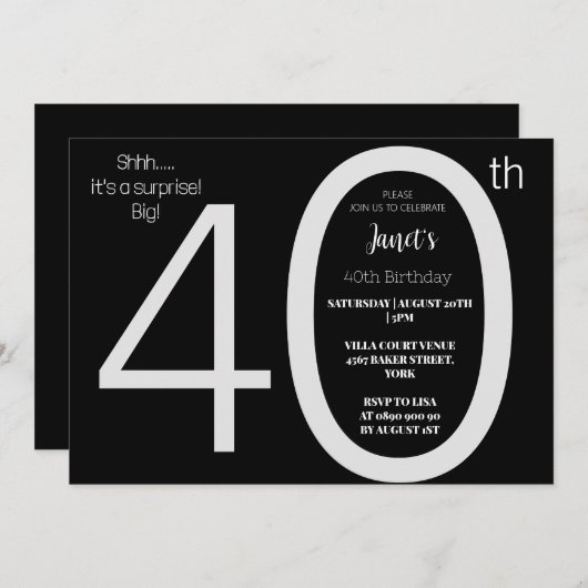 Eleganter Schwarz & Weiß Überraschung zum Geburtst Einladung (Vorne/Hinten)