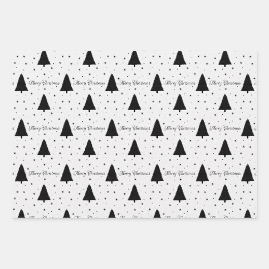 Eleganter Schwarz-Weiß Weihnachtsbaum Merry Xmas Geschenkpapier Set (Vorderseite)