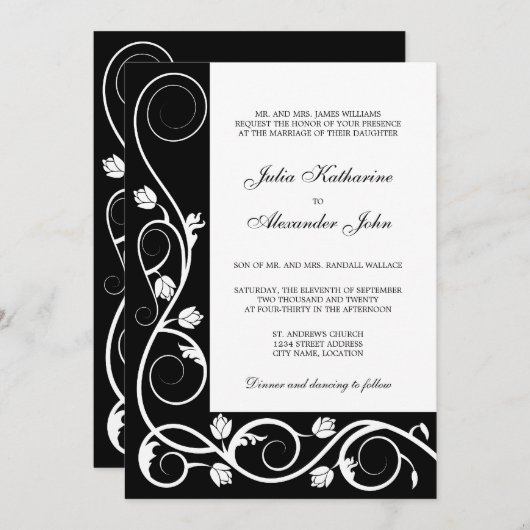 Eleganter Schwarz-Weiß-Wirbel Einladung (Vorne/Hinten)