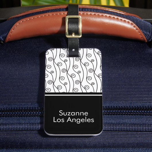 Eleganter Schwarz-Weiß-Wirbel mit Namen Gepäckanhänger (Vorderseite Insitu 2)