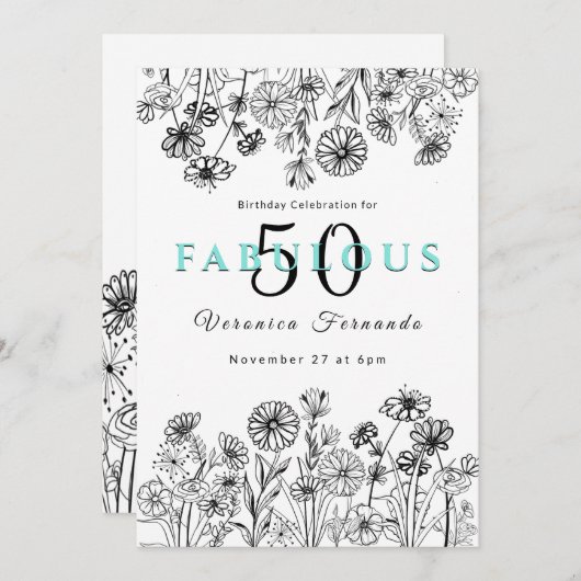 Eleganter Schwarz-weißer Blumenstrauß 50. Einladung (Vorne/Hinten)