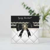 Eleganter Schwarz-weißer Creme Pearl Lace Geburtst Einladung (Stehend Vorderseite)