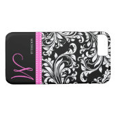 Eleganter schwarz-weißer Damask mit rosa Monogramm Case-Mate iPhone Hülle (Rückseite (Horizontal))