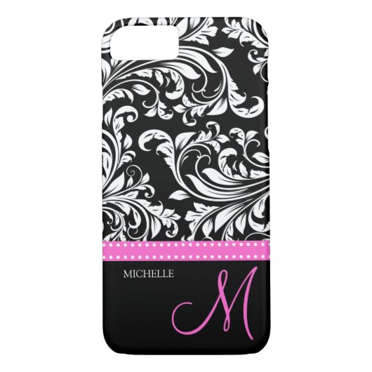 Eleganter schwarz-weißer Damask mit rosa Monogramm Case-Mate iPhone Hülle (Rückseite)
