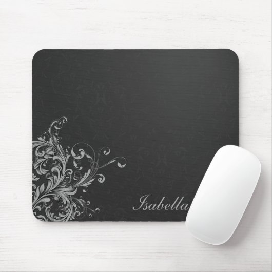 Eleganter Schwarz-weißer Damast mit Blumen Mousepad (Mit Mouse)