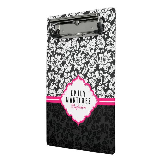 Eleganter schwarz-weißer Damast mit rosa Streifen Mini Klemmbrett (Gewinkelt2)